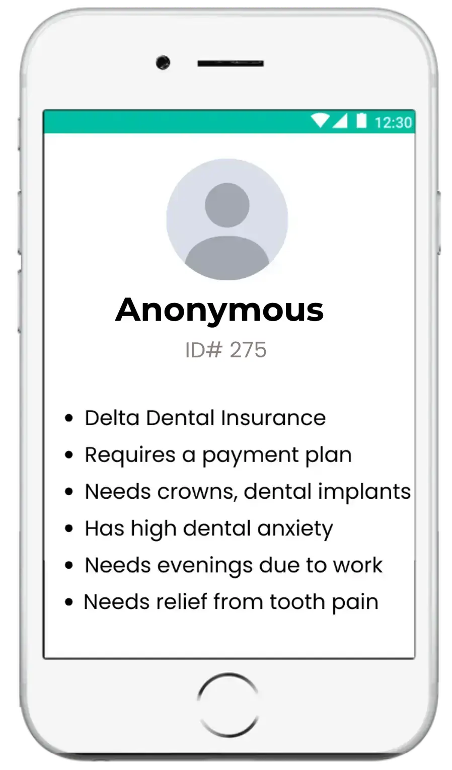 Anonymous patient profile with concerns, goals, and insurance details