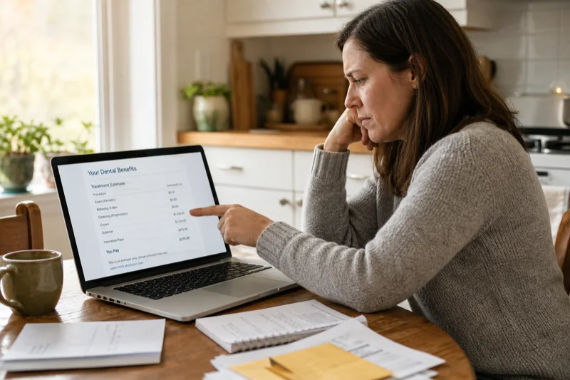 Person worried about dental costs and budget