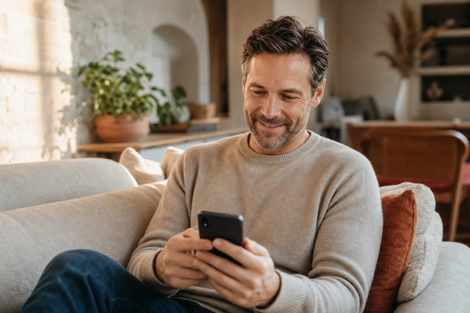Patient at home reading a dentist's message and deciding to connect